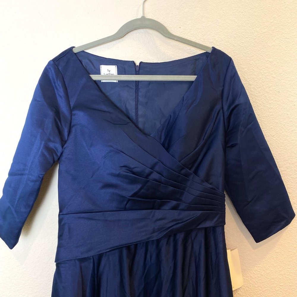 Lan Ting Bride V-Neck Quarter Sleeve Pleated A-Line Satin Tea Dress Navy Blue - Picture 3 of 8